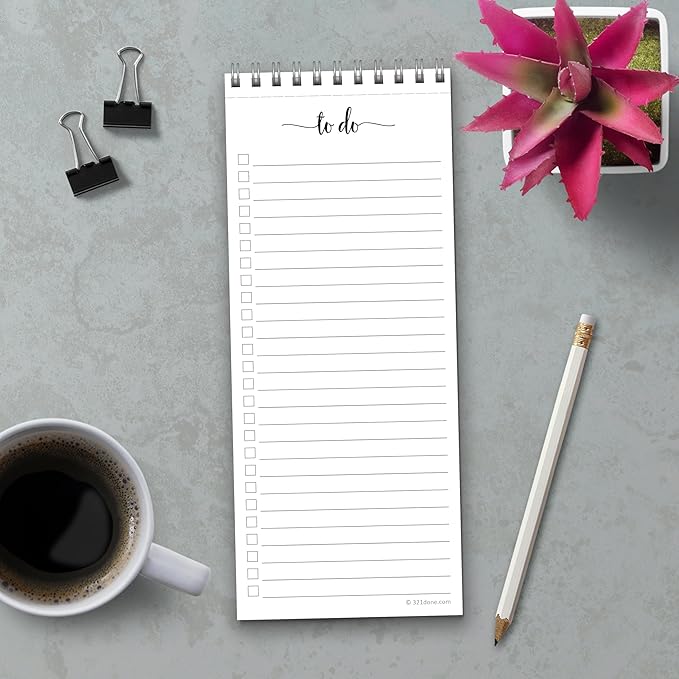 321Done Skinny to Do List Notepad, 3.7x8.5 Spiral - Made in USA, Undated Daily Checklist, Simple Stylish to-Dos Memo Pad for Planning, Tasks, Appointments, Reminders for Home, Office - 50 Sheets