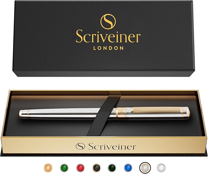 Scriveiner Silver Chrome Rollerball Pen - Stunning Luxury Pen, Real Gold Plating, Schmidt Ink Refill, Best Roller Ball Pen Gift Set for Men & Women, Professional, Executive Office, Fancy Pens