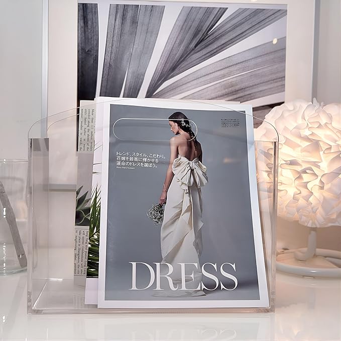 Magazine Rack - Clear Acrylic Magazine Holder, Acrylic Newspaper Stand Organizer with handles, Modern Lucite Magazine and Book Basket Box for Bathroom, Bedroom, Living Room and Office