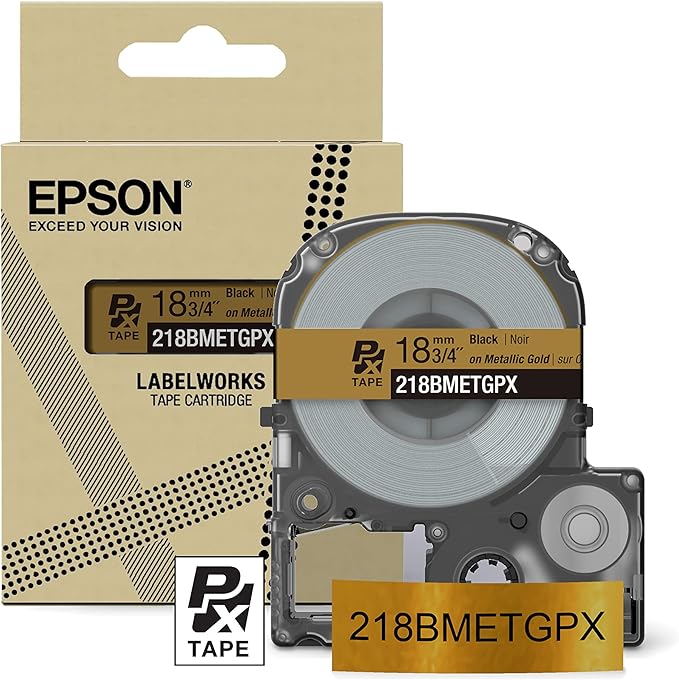 Epson LABELWORKS 218BMETGPX Genuine PET (Polyester) Tape Cartridge - Black on Metallic Gold Designer Craft Label Maker Tape - 3/4" (18MM) Wide, 30'