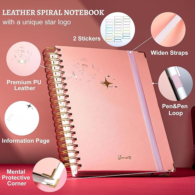 Yoment Hardcover Spiral Notebooks for Work with Pen Leather 5 Subject Notebook College Ruled with Dividers 360 Pages B5 Journals for Women Men Writing, Pink