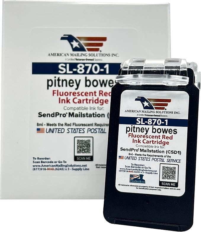 AMERICAN MAILING SOLUTIONS INC. | 3-Pack | PB SL-870-1 Red Fluorescent Ink Cartridge Replacement for SendPro Mailstation (CSD1) Postage Meter…
