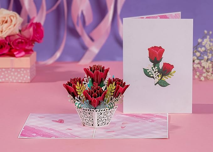 Paper Love 3D Pop Up Card, Lovely Roses Pop-Up Cards, for Birthday, Anniversary, Mothers Day, Thank You, Get Well, All Occasion - 5" x 7" Cover - Includes Envelope and Note Tag
