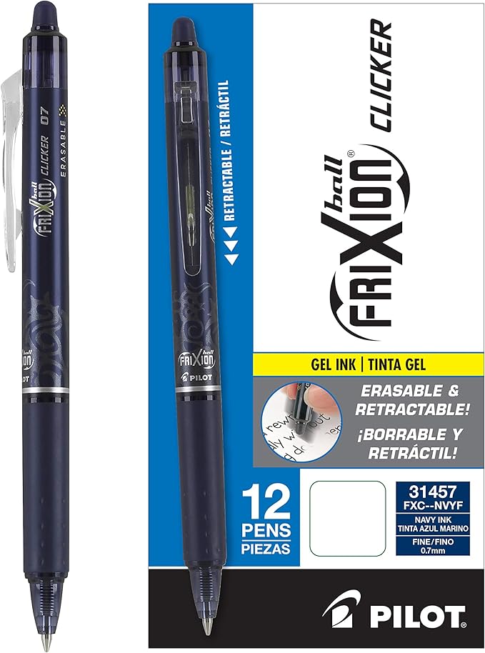 Pilot, FriXion Clicker Erasable Gel Pens, Fine Point 0.7 mm, Pack of 12, Navy Blue