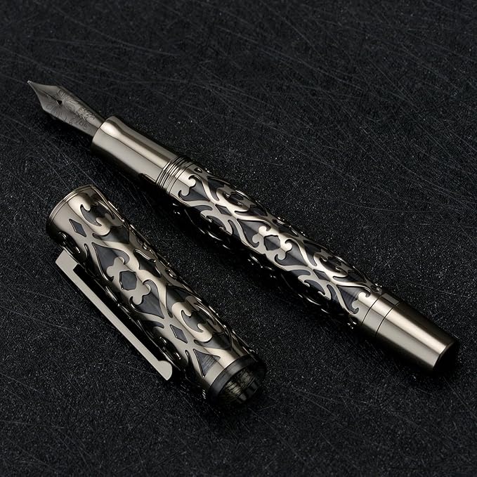 Hongdian D1 Piston Fountain Pen Fine Soft Nib, Jet Black Hollow Skeleton & Resin Pen with Metal Case Set