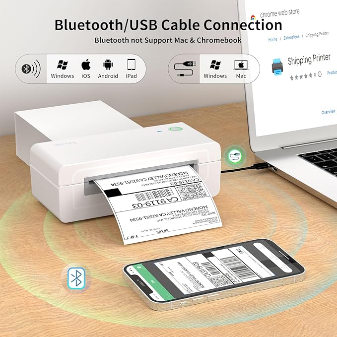 Bluetooth Thermal Shipping Label Printer, 4X6 Inkless Label Machine for iOS, Android, Laptop, Wireless Printer for Small Business, Compatible with Amazon, UPS, Shopify, White