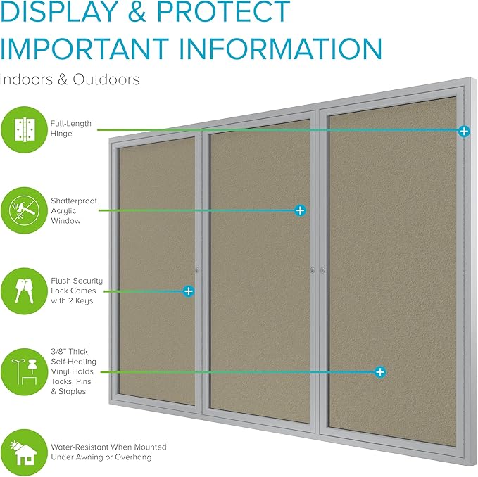 Ghent 48"x96" 3-Door Outdoor Enclosed Vinyl Bulletin Board, Shatter Resistant, with Lock, Satin Aluminum Frame - Caramel (PA34896VX-181), Made in the USA