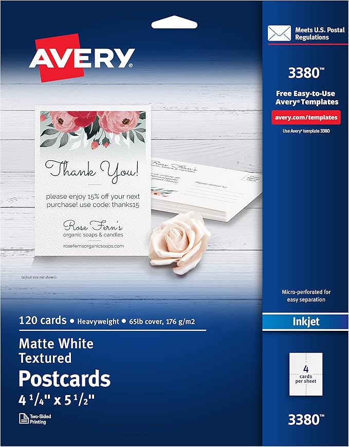 Avery Printable Postcards, 4.25" x 5.5", Textured White, 120 Blank Postcards for Inkjet and Laser Printers (3380)
