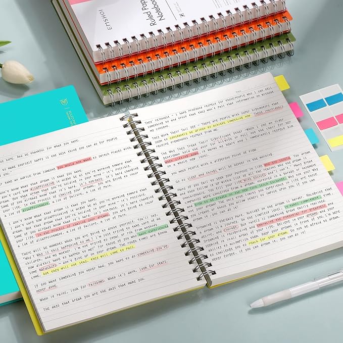 EMSHOI A4 Spiral Notebook College Ruled Lined Journal, 11.2" x 8.27", 300 Pages, 100gsm Thick Paper, Waterproof Softcover, Twin-Wire Binding, Sticky Notes, LightBlue