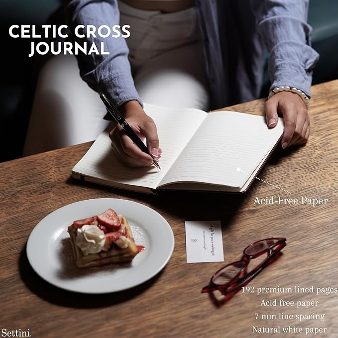 SETTINI® Lined Journal - Celtic Cross Journal for Writing Gift Set - Hardcover Vegan Leather, Includes Luxury Pen in a Unique Pen Holder, 192 Pages, 6 x 8.5 inches, Bible Journal, Birthday Gift