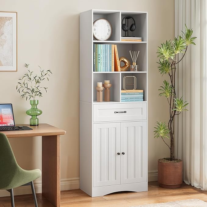 Gizoon Storage Cabinet, 71'' H Kitchen Storage Cabinet with Doors & Drawers, Kitchen Pantry with Adjustable Shelves, Anti-tip, Metal Handle, for Living Room, Office, Bathroom, White
