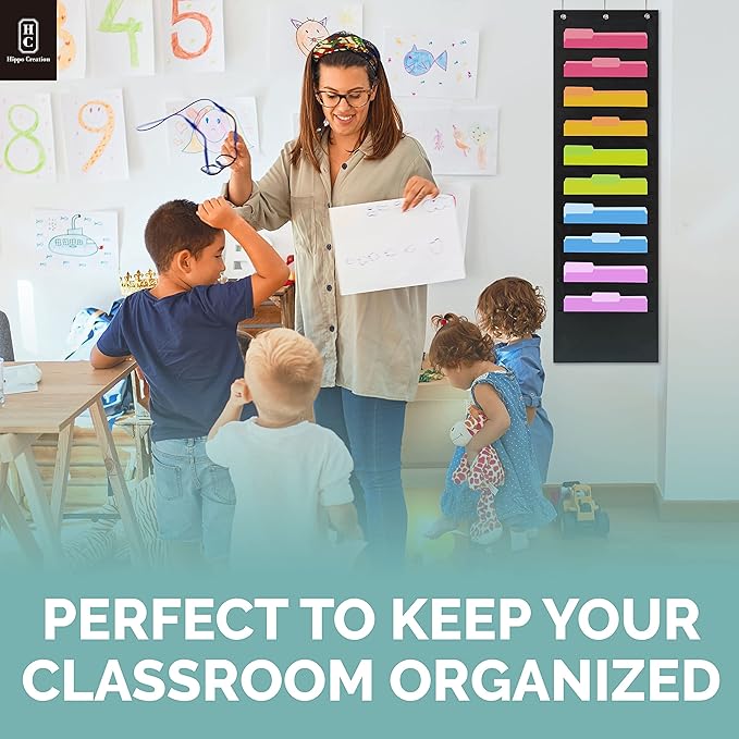 Hippo Creation Heavy Duty Storage Pocket Chart for Classroom, 10 Pocket Storage Organizer with 2 Over-Door Hangers, Hanging Wall Organizer for File Folders, School Mailbox, Home Office Papers - Black