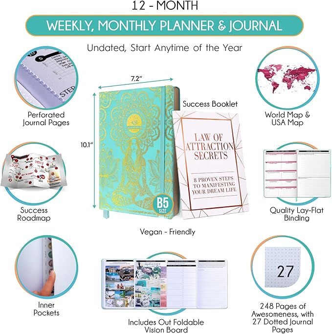 Hourly Planner – Undated Weekly & Monthly Goal Setting Planner, 12-Month to Increase Productivity | Life & Gratitude Journal, Include Foldable Vision Board, Gift Box & Stickers