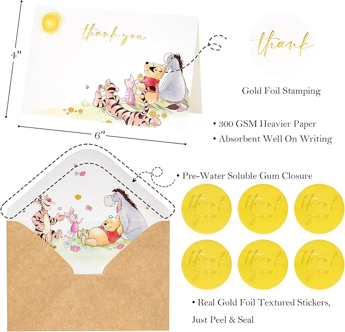 Crisky Gold Foil Winnie the Pooh Thank You Cards with Envelopes and Stickers, 50 Pack Animal Thank You Cards for Baby Showers, Birthdays, Friendsgiving