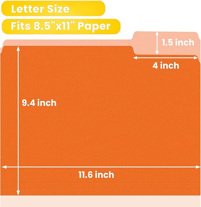 SUNEE File Folders Letter Size Orange, 100 Pack Manilla Folders 8.5 x 11 1/3-Cut Tabs, Colored File Folders Office Home School for Documents Files Paper