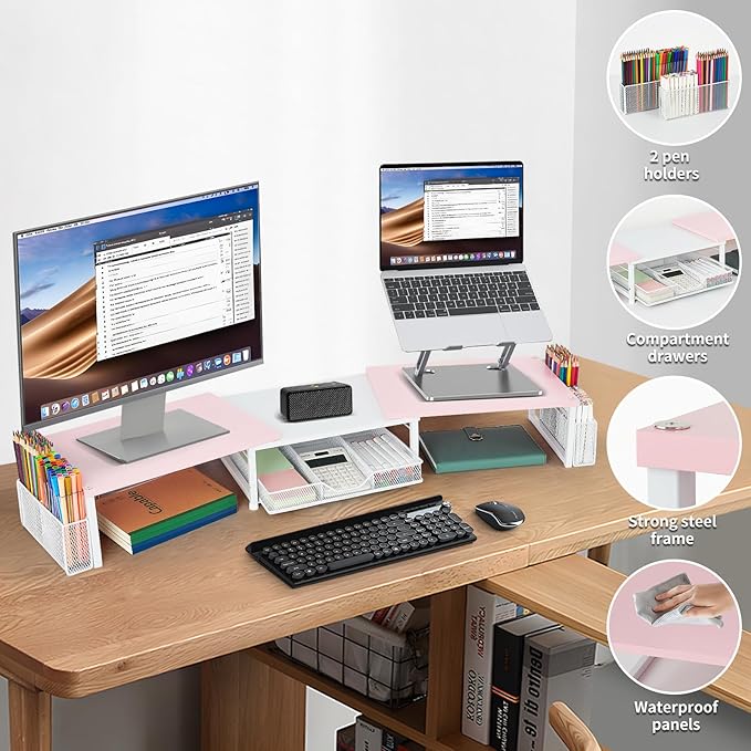 Desk Dual Monitor Stand Riser - Desk Organizer with Drawer and Pen Holders, Office Desk Accessories & Workspace Organization, Computer Monitor Stand for Laptop, Printer(Pink＆ White)