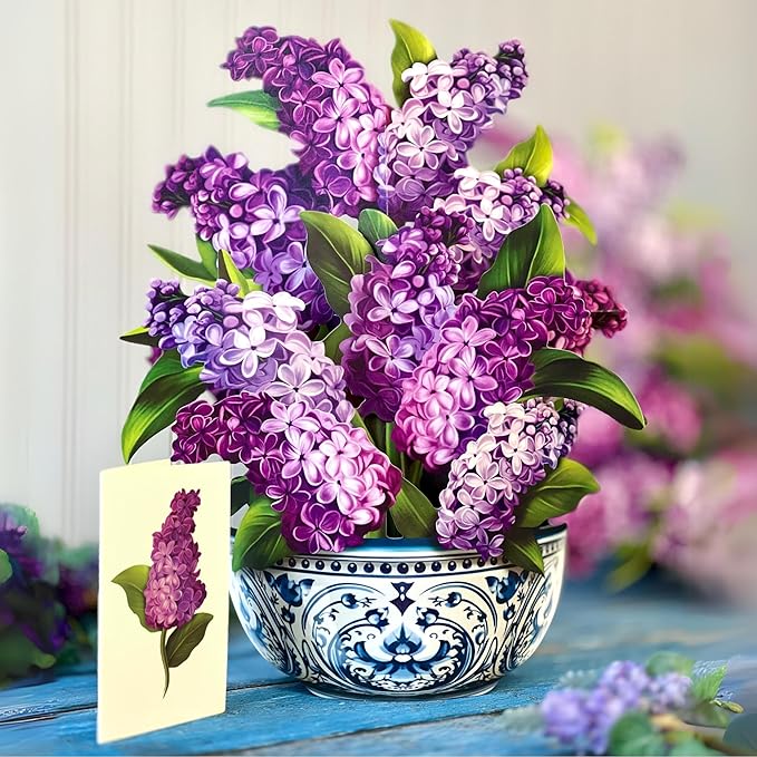 Freshcut Paper Pop Up Cards, Garden Lilacs, 12 Inch Life Sized Forever Flower Bouquet 3D Popup Greeting Card, Birthday Cards, Thank You Card, Blank Notecard & Envelope
