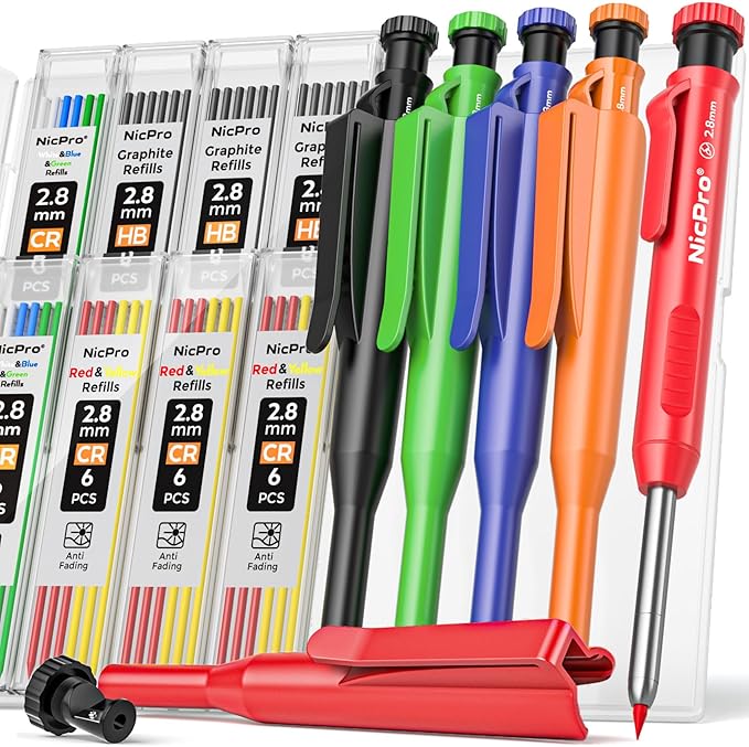 Nicpro 5 Pack Carpenter Pencil with Sharpener & Holders, Mechanical Carpenter Pencils Set with 53 Refills, Deep Hole Marker Woodworking Pencils, Heavy Duty Construction Pencils for Architect-With Case