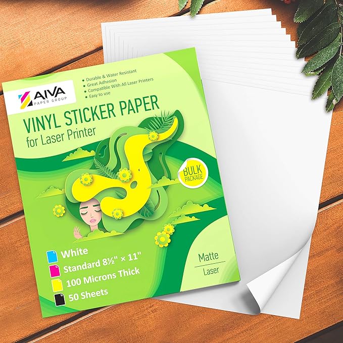 Printable Vinyl Sticker Paper for Laser Printer - Matte White - 50 Self-Adhesive Sheets - Waterproof Decal Paper - Standard Letter Size 8.5"x11"