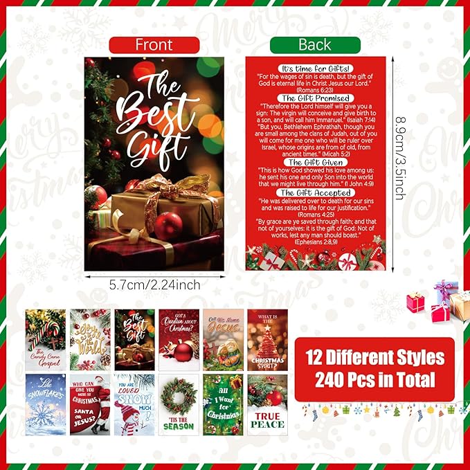 240 Pcs Gospel Tract Card 12 Styles Plan of Salvation Card Pocket Holy Postcard Christian Inspirational Bible Verse Bookmark for Christian Gift Women Men Ministering Tool(Christmas)
