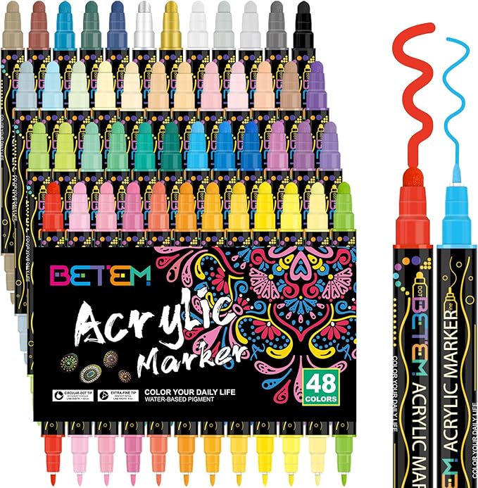 Betem 48 Colors Dual Tip Acrylic Paint Pens Markers, Premium Acrylic Paint Pens for Wood, Canvas, Stone, Rock Painting, Glass, Ceramic Surfaces, DIY Crafts Making Art Supplies