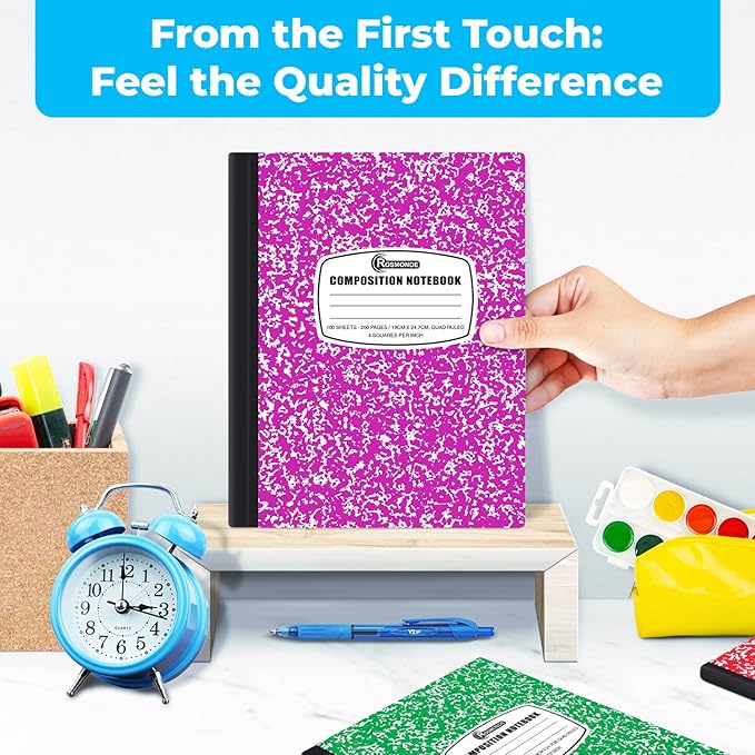 Composition Notebook Graph Paper, 5 Pack, 200 Pages (100 Sheets), Quad Ruled Composition Notebook, 4x4 Grid Graph Paper Composition Book, Assorted Colors, Hard Cover Graph Book, 9-3/4 x 7-1/2