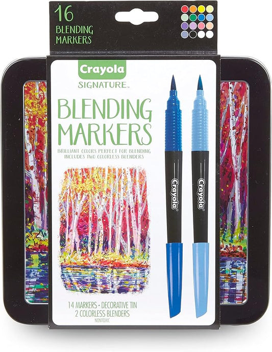 Crayola Blending Marker Kit with Decorative Case, 14 Vibrant Colors & 2 Colorless Blending Markers