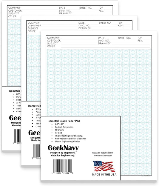 8.5" x 11" Isometric Graph Paper 50 Sheets Portrait - 0.25" Grid, Non-photo Blue, High Brightness, Drafting, Engineering, Art, 3D Design (3-Pack)