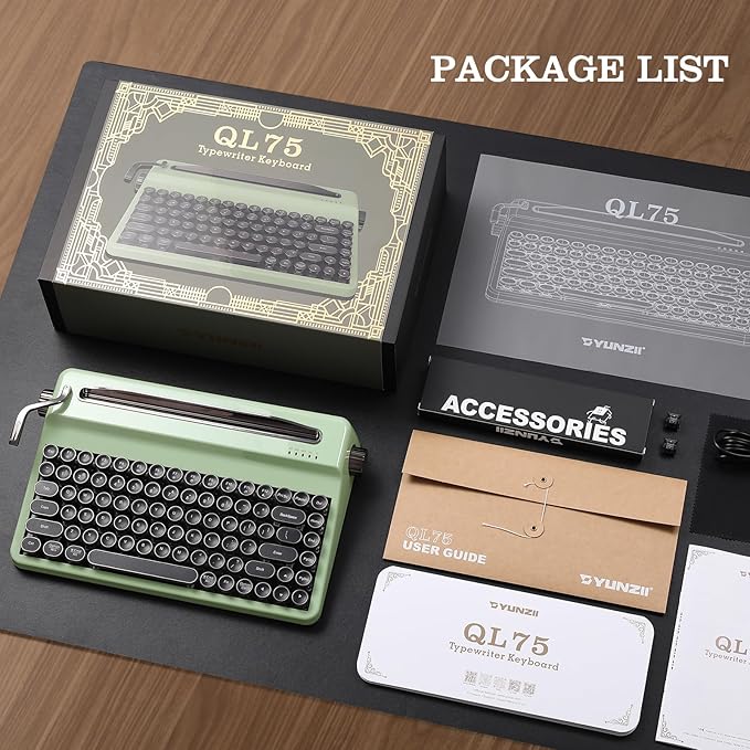 YUNZII QL75 Wireless Typewriter Hot Swap Retro Mechanical Keyboard,Punk Round Keycaps,RGB Backlit QMK/VIA Programmable,Multi-Device Keyboard with 2.4GHz/Type-C/BT5.0 (Green, Onyx Switch)