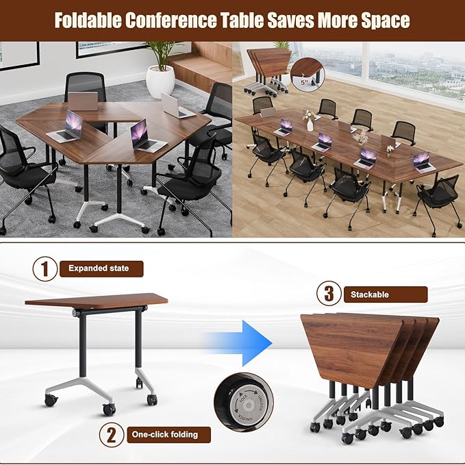 Conference Table, Folding Conference Desk Modern White, Seminar Table with Wheels, 2-10 People for Office, Meeting Break Room (8, 1915TXH, 47IN)