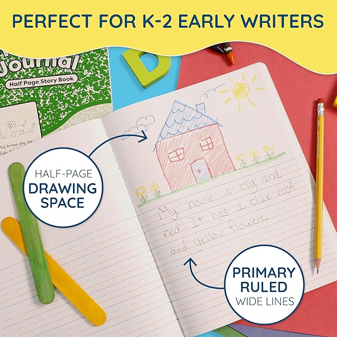 Blue Summit Primary Composition Notebook K-2, Primary Journal Grades K-2, Writing Journal for Kids in Preschool, Kindergarten Notebook For Kids to Learn to Write, 100 Sheets, 6 Pack, Assorted Colors