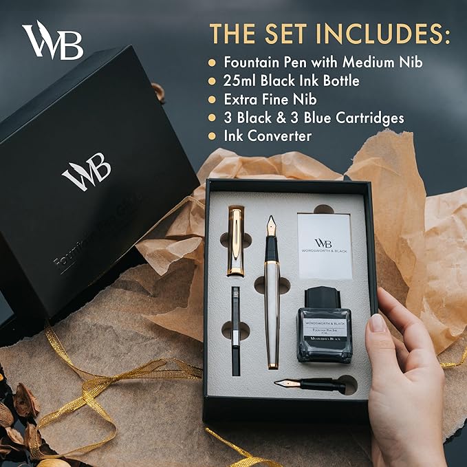 Wordsworth & Black Fountain Pen Set,18K Gilded Medium and Extra Fine Nib,25ML Black Ink Bottle,6 Ink Cartridges,Refill Converter,Gift Box,Smooth Writing Pens [Silver Gold],Gift Set for Men and Women
