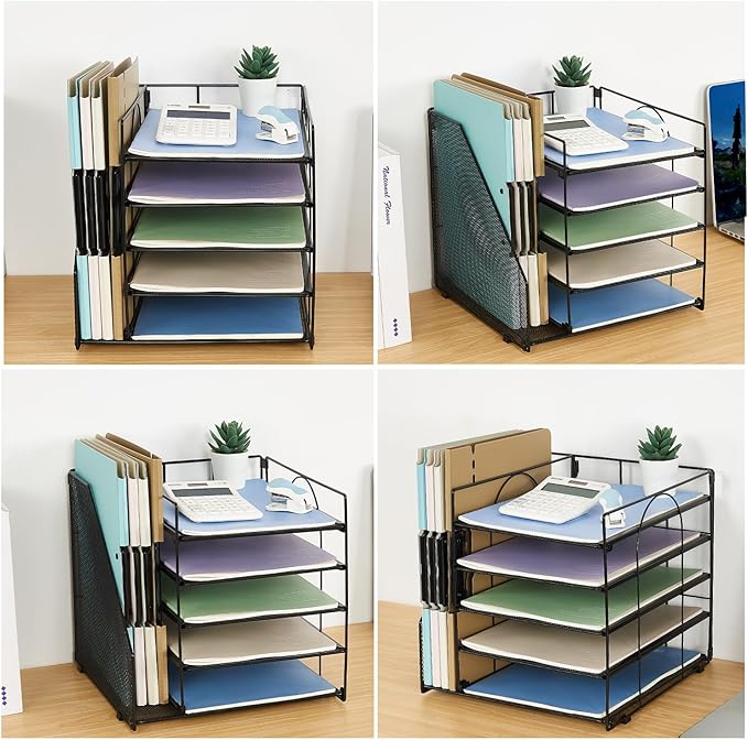 Desk Organizers and Accessories, 5-Tier Paper Letter Tray Organizer with File Holder, Desktop Organizer for Office Supplies (Black)