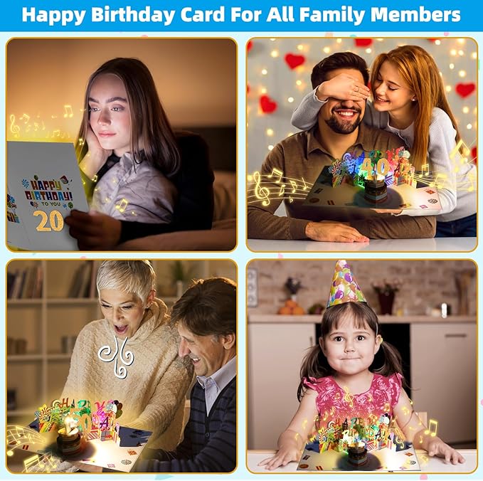 Gumry 4TH Musical Birthday PopUp Card, Blowable Colorful Light Candle 3D Cards with Song, Applause Cheers Sound, Greeting Cards Birthday Gifts Decorations for Daughter Son Turning 4 Years Old
