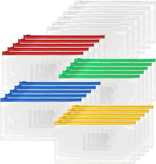 26 Clear Zip Envelope File Bill Document Bag Pocket Pencil Case with Tag Pocket, 5 Assorted Colors, 9.1” x 4.7”fit A6 Sheets