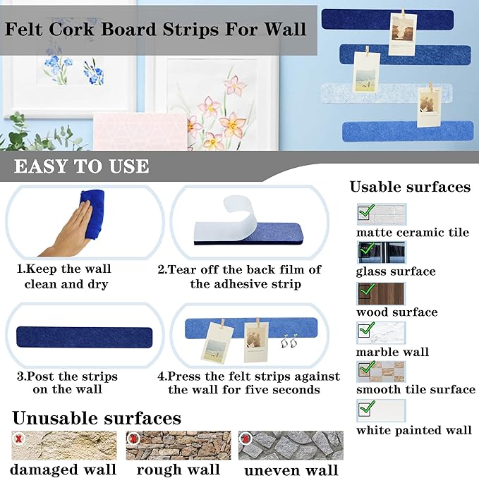 8Pcs Bulletin Board Strips, Blue Felt Pin Board Bar Strips with 50 Pushpins, Self-Adhesive Felt Cork Board Strips for Wall to Display Your Notes, Photos, Schedules, Announcements