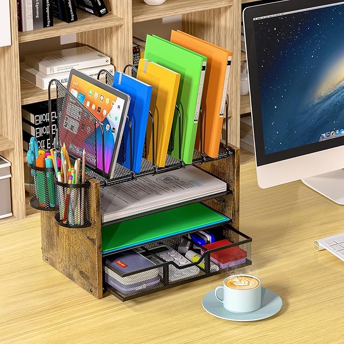 4-Tier Mesh Desk Organizer, Wooden Desk File Organizer with 5 Vertical File Holders and 2 Pen Holders, Desktop Organizers and Accessories with Drawer for Home Office