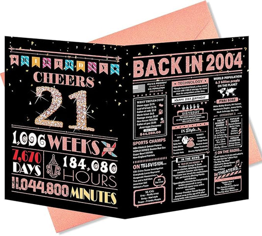 21st Birthday Card, 21st Birthday Decorations for Her, 21st Birthday Gifts for Daughter, Back in 2004 Birthday Card, Rose Gold