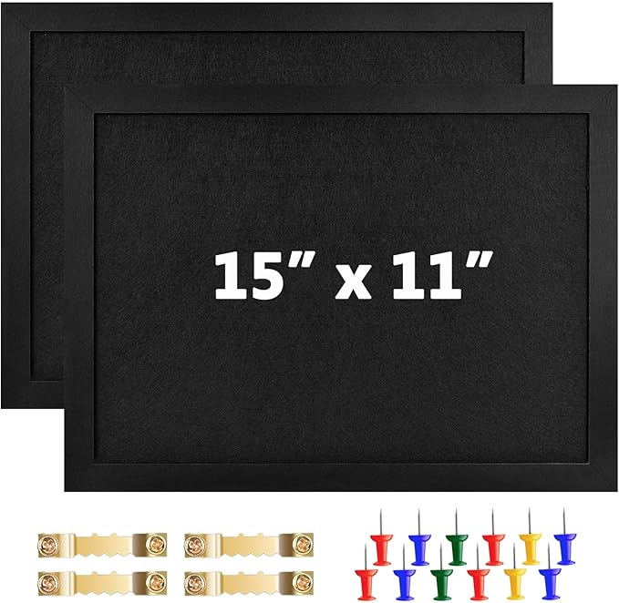 2P Cork Board Bulletin Board, Pin Board Wood Framed Display with Felt, Cork Boards for Wall, Jewelry, Notes, Memos, Photos, Home, Kitchen, Office, School, 15"x11", Wood Framed(Black) & Felt(Black)