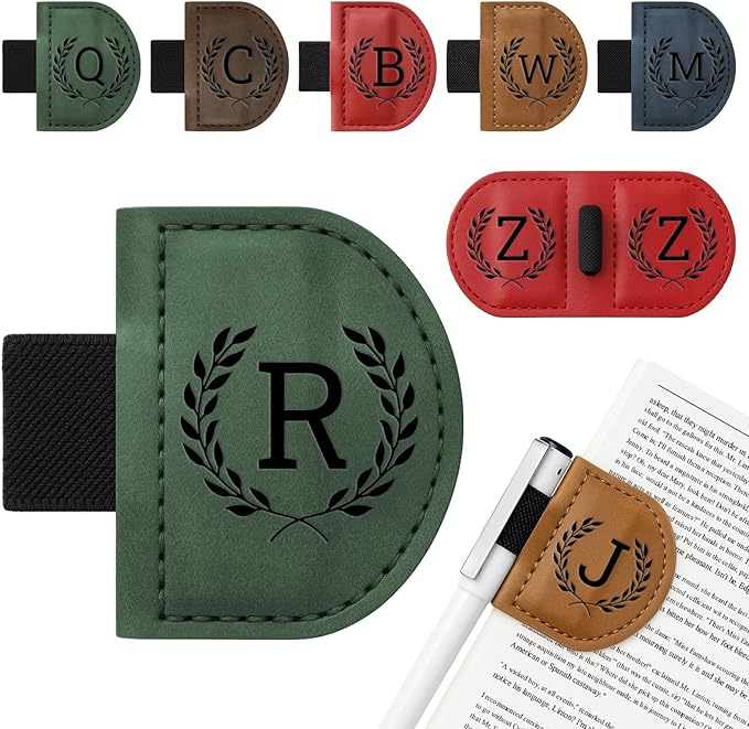 Personalized Bygone Mark Bookmark with Pen Holder,Engraving Leather Magnetic Bookmarks Vintage 26 Letters Name Initials Text Book Marker Clips Gifts for Reading Book Lovers Women (Green, R)