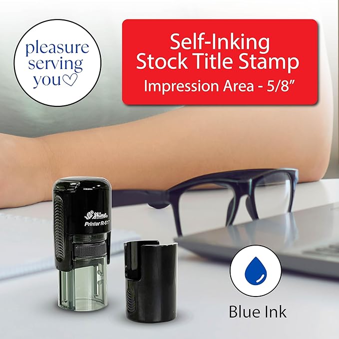 Shiny Pleasure Serving You Stamp, Round Self Inking Stamp for Office and Retail, Blue Ink