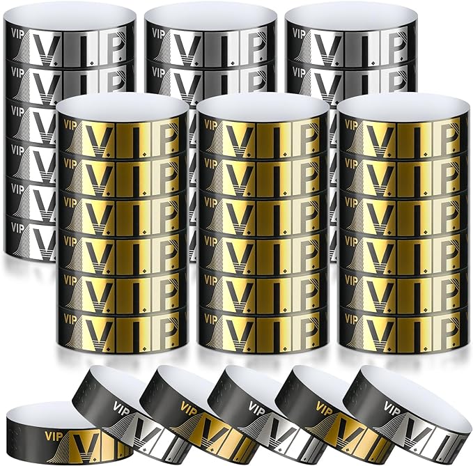 200 Pack VIP Wristbands for Events VIP Bracelets Paper Waterproof Party Wristbands for Events Amusement Parks Concerts Fairs Festivals, 0.79 x 10 Inch(Gold, Silver)