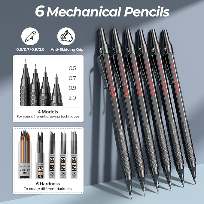 Nicpro 58PCS Art Drawing Supplies Kit in Leather Case, MP1000 Black Metal Mechanical Pencil Set with Drafting Pencil 0.5, 0.7, 0.9 & 2mm, 12 Micron Pen, Sketch Book, 30 Tube Lead Refills for Sketching