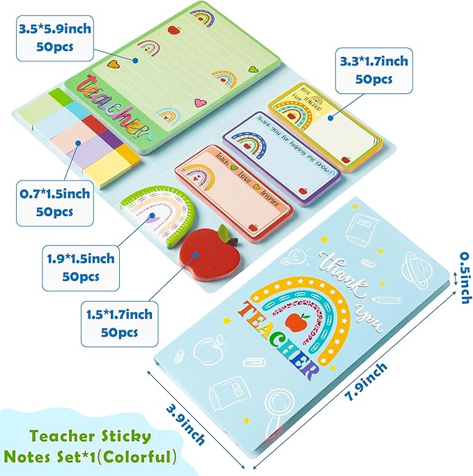 Boho Rainbow Teacher Sticky Notes Set, 550 Sheets, Thank You Teacher Self-Stick Note Pads Teacher Appreciation Gift Writing Memo Pads Page Marker Back to School Office Supplies (Color)