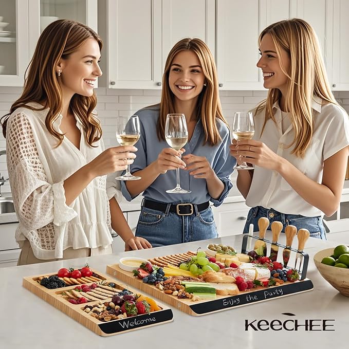 Charcuterie Board Gift Set: Large Bamboo Cheese Board with Chalkboard Edge & Forks - Ideal for Housewarming, Weddings, Bridal Showers, and Unique Gifts for Mom