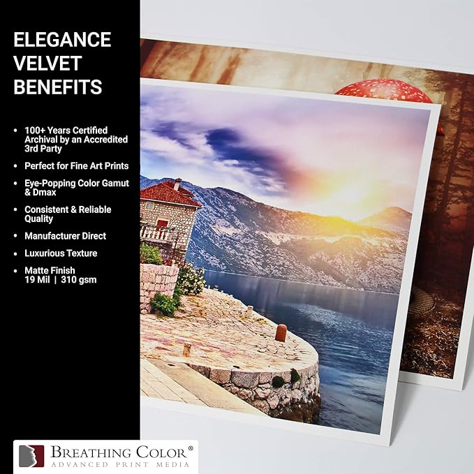 Elegance Velvet 44 in x 40 ft roll is a Premium Matte 310 gsm, Cold Pressed Bright White Museum Grade Fine Art Inkjet Paper, Compatible with Most Dye-Based and Pigment Printers