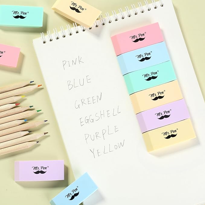 Mr. Pen- Erasers, 24 Pack, Pastel Colors Pencil Eraser, Erasers for Pencils, Mr Pen Erasers, Erasers for School, Large Eraser, Block Erasers for School, Rubber Eraser, Large Erasers for School