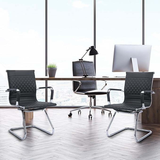 Office Guest Chairs - Reception, Waiting Room & Conference Room Set of 2 - Mid Back, Modern PU Leather Desk Chairs, Black
