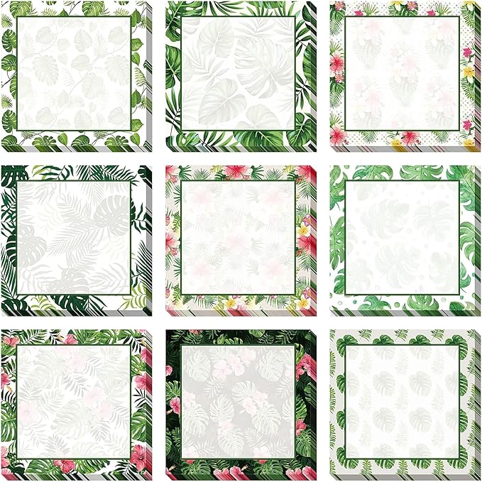 9 Pieces Palm Leaf Sticky Notes 3x3 Inch Adhesive Summer Hawaiian Tropical Palm Leaf Memo Notes Self-Stick Note Pads for School Office Home Supplies Students Teachers Presents
