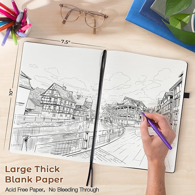 Blank Notebook, Hardcover Sketch Book, 8.5" x 11" Large Blank Journal, No Bleed Thick Paper Sketchbook for Drawing Art, Unlined Notebook Journal for Women Men, A4 Leather Sketchbook, Lay Flat, Brown